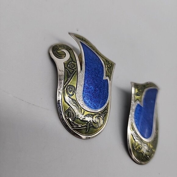Vintage Metal Earrings Silver Blue Pierced 70s - Picture 2 of 4